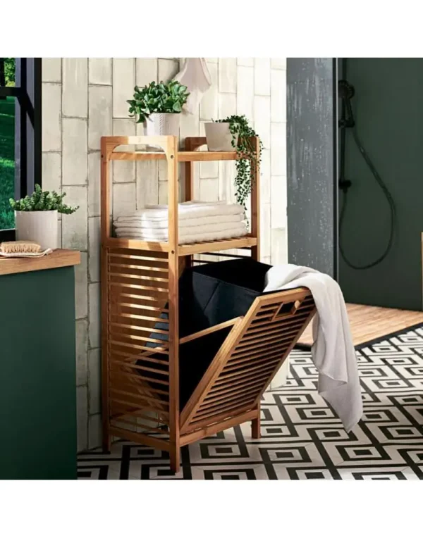 ארונית דקורטיבית מעץ במבוק לאחסון כביסה בחדר הרחצה